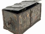an old metal box with a lock on it on a white background