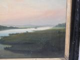 an oil painting of a landscape with a river in the foreground