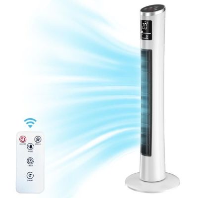 an image of a white and black tower fan with a remote control