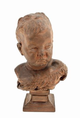 bust of a young boy with his hands on his chest