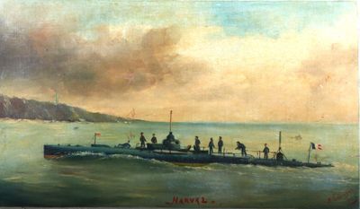peinture de personnes sur un bateau dans un plan d'eau avec une montagne en arrière-plan