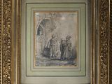 a framed drawing of a man and a woman outside a house