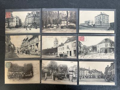 several old black and white photos of old buildings and cars