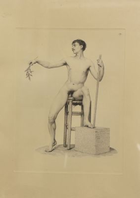 dessin représentant un homme assis sur un tabouret, un bâton à la main