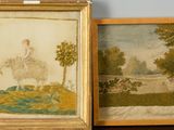 two framed pictures of a woman and a man sitting on a bench
