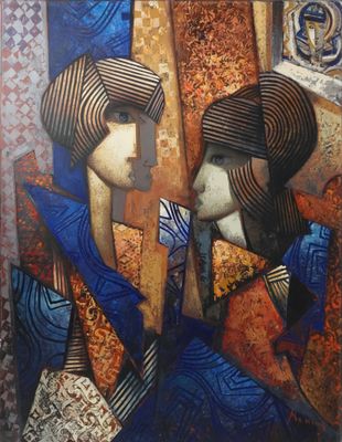 tableau représentant deux femmes se regardant l'une l'autre devant un miroir