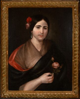 a painting of a woman holding a flower in her hand
