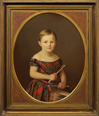 un tableau représentant une jeune fille en robe rouge tenant un pinceau et un livre