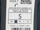 a close up of a tag on a black jacket with a barcode on it
