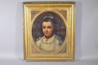 portrait of a young girl in a white dress with a blue bow