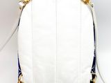 white leather backpack with blue trim and gold hardware