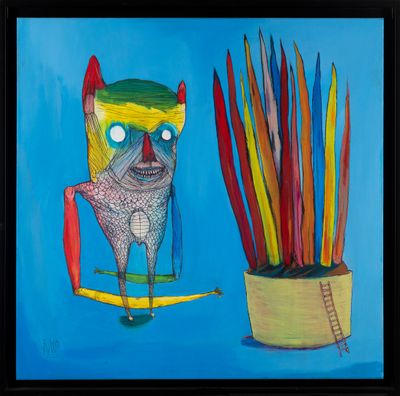 a painting of a cat on a surfboard next to a potted plant