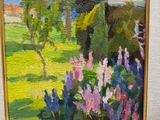 an oil painting of a field with flowers and trees in the background