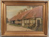 une image représentant un tableau où l'on voit une calèche devant une maison au toit de chaume