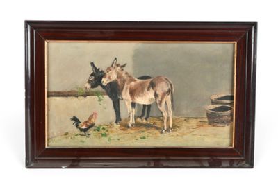 tableau représentant deux ânes et une poule dans une grange