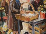 une peinture à l'huile représentant des personnes faisant leurs courses sur un marché fermier