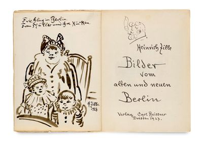 an old book with a drawing of a woman sitting in a chair