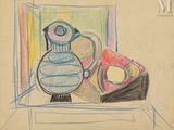 un dessin d'un vase et d'une boîte sur une table