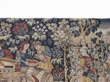 a tapestry with a picture of a man and a woman riding on a horse drawn carriage