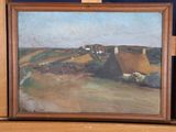 an oil painting of a farm scene in a wooden frame