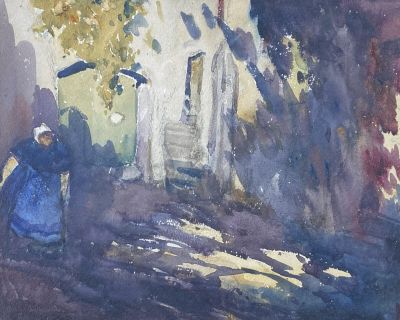 a watercolor painting of a woman walking down the street