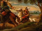 a painting of a man riding a horse with a dog