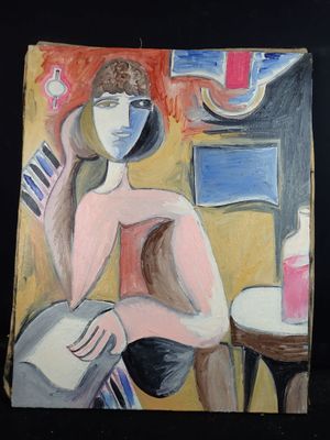a painting of a woman sitting at a table with a bottle of wine