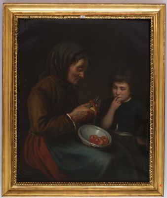 painting of a man and a woman eating apples in a dark room