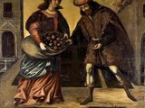 une image représentant un tableau où figurent un homme et une femme avec un panier de fruits