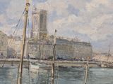 a painting of a boat in the water near a building