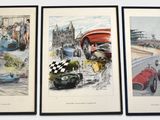 three framed pictures of racing cars on display in a room