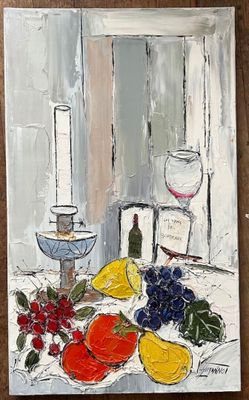 a painting of a still life with fruit and a wine glass