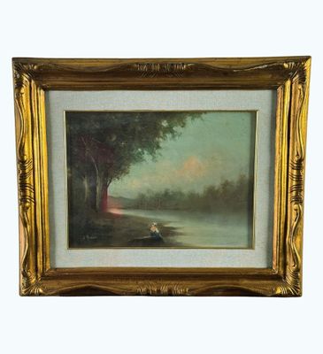un tableau représentant un homme assis dans un bateau sur un lac