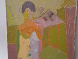 an oil painting of a woman sitting on a couch in a room