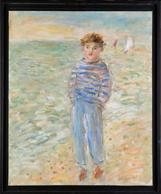 une peinture à l'huile représentant un garçon debout sur une plage au bord de l'océan
