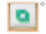 an image of a picture of a green cube in a wooden frame