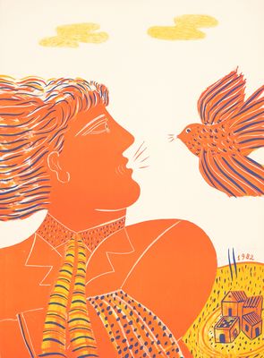 a painting of a woman with a bird in her hand