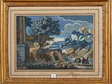 an oil painting of a landscape with a castle in the distance