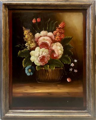 une peinture à l'huile représentant des fleurs dans un panier posé sur une table