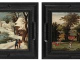 deux tableaux représentant une scène de village avec des personnages au premier plan