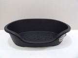 a close up of a black plastic bowl on a white surface