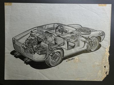 an old drawing of a car with a engine in the back