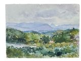 watercolor painting of a view of a mountain range with a river in the foreground