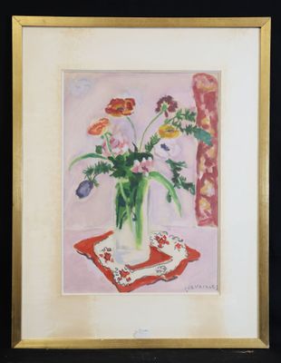 tableau représentant des fleurs dans un vase posé sur une nappe posée sur une table