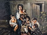 an oil painting of a woman and children outside a house