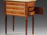 an antique wooden table with drawers and a drawer underneath it