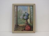une photo d'un tableau représentant un vase de fleurs devant une fenêtre