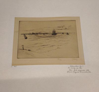 drawing of a boat in the water with other boats in the background