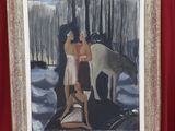 tableau représentant un homme et une femme debout devant un cheval blanc