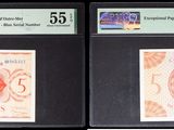 Trois types de monnaies différents sont exposés dans une vitrine
